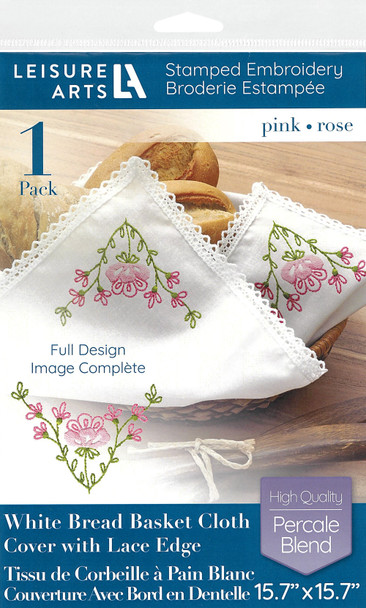 Leisure Arts Stamped Bread Basket Cloth Cover With Lace Edge White 15.7"x 15.7" Pink