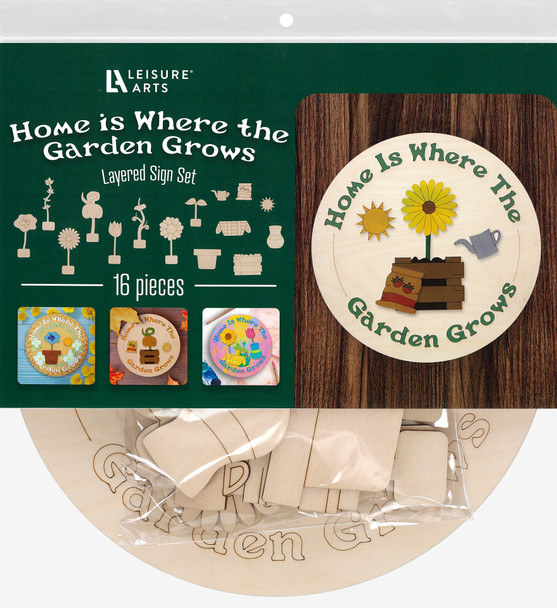 Leisure Arts Wood Garden Layered Sign Set 12"x 12" Home is Where The Garden Grows 16pc