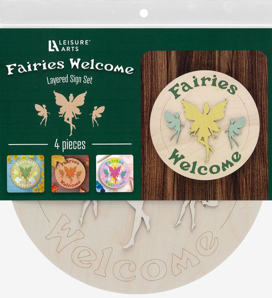 Leisure Arts Wood Garden Layered Sign Set 12"x 12" Fairies Welcome 4pc
