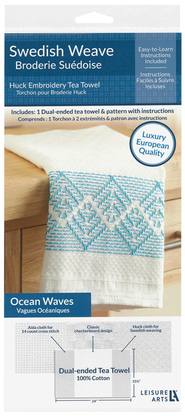 Leisure Arts Dual-Ended Huck Cloth & Aida Cloth Tea Towel Swedish Weave Kit Ocean Waves Blue