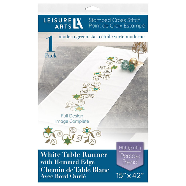 Leisure Arts Stamped Table Runner With Hemmed Edge White 15 inch x 42 inch Modern Green Star
