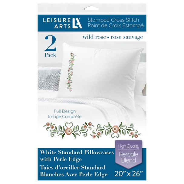 Leisure Arts Stamped Pillowcase With Perle Edge White 20 inch x 26 inch Wild Rose 2pc