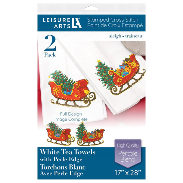 Leisure Arts Stamped Tea Towel With Perle Edge 17 inch x 28 inch Sleigh White 2pc