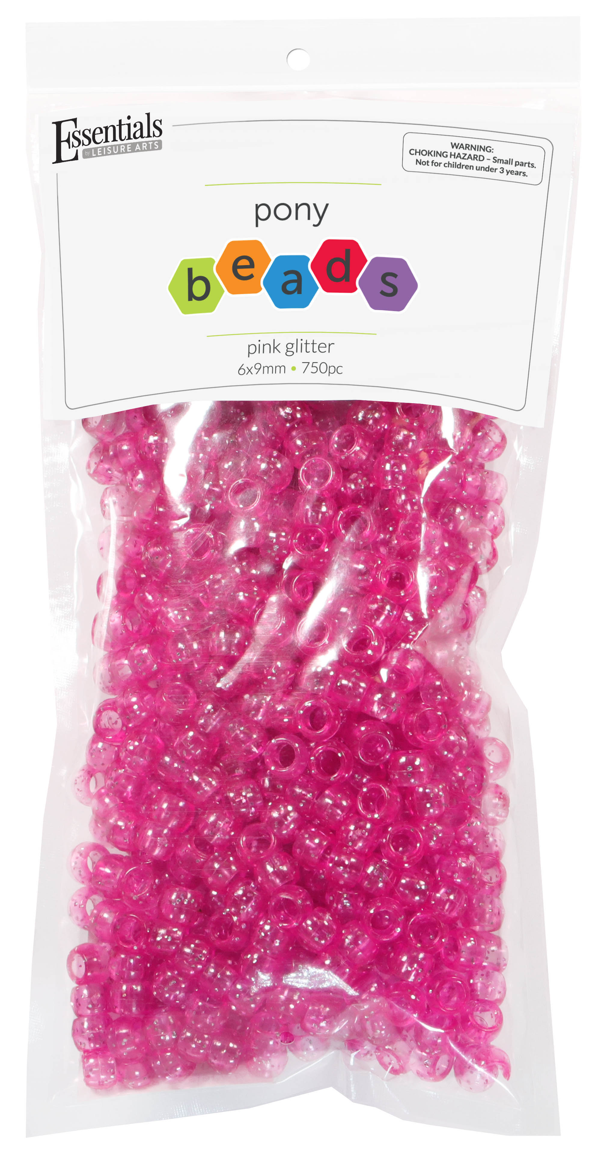 Essentials by Leisure Arts Pony Beads - Assorted Colors, Glitter,  Transparent, 6mm x 9mm, Package of 750