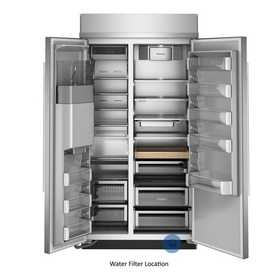 Kitchenaid® 25.1 Cu. Ft. 42" Built-In Side-by-Side Refrigerator features Exterior Water and Ice Dispenser with Measured Fill KBSD742SPS