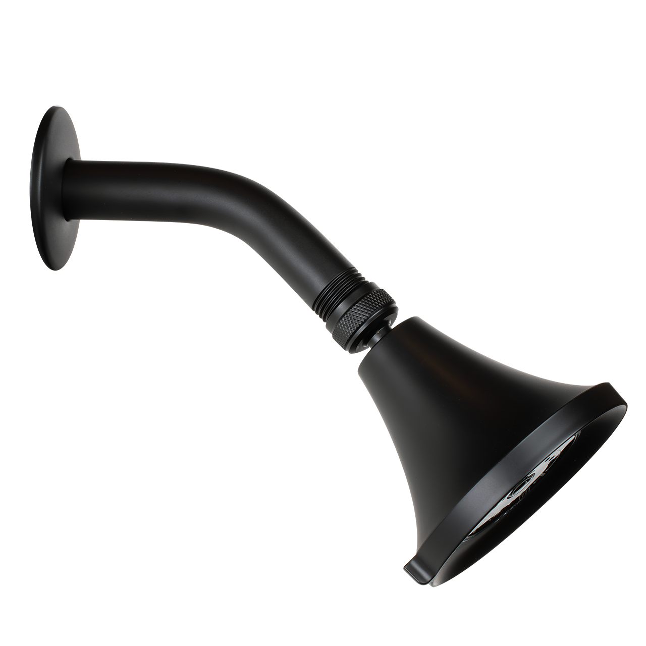 Black Earth Fixed mount showerhead side view on shower arm