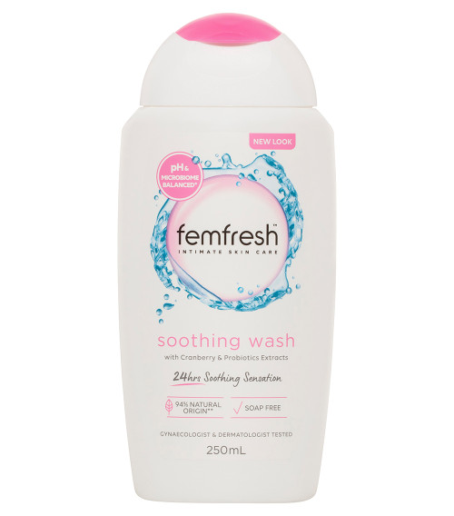 Femfresh Soothing Wash contains probiotics to help stimulate skin's natural defenses. Cranberry extracts gently hydrate. Feel fresh all day, every day.