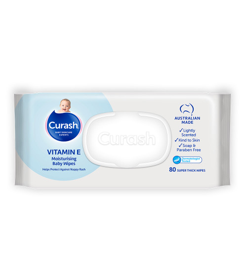 Curash Vitamin E Baby Wipes. Formulated to gently cleanse and protect baby's skin. Australian Made. Buy now or subscribe and save.