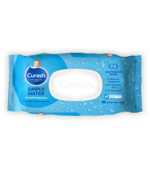 Curash Simply Water Baby Wipes. Formulated to gently cleanse and protect baby's skin.
