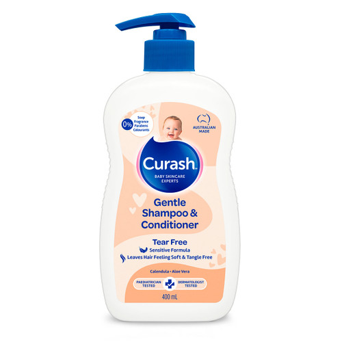 Curash Gentle Shampoo and Conditioner. MIld formula for sensitive skin. Tear free formula. Available Australia Wide.