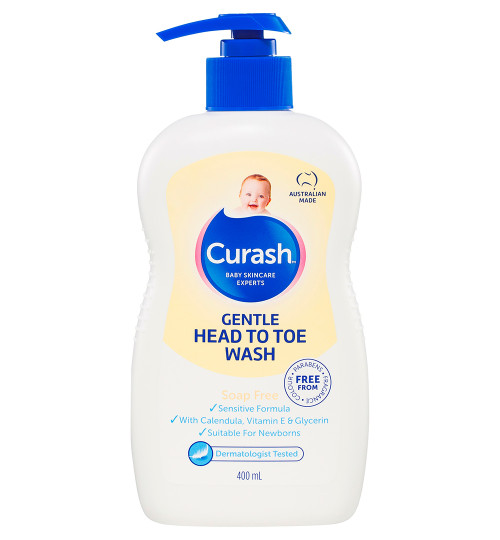 Curash Gentle Head To Toe Wash: Calendula, Vitamin E + Aloe Vera. Perfect for newborns. Mild formula. For delicate & sensitive skin. Hypoallergenic. Soap free.