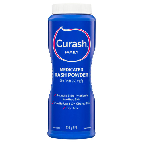 Curash Family Medicated Rash Powder is a soft, fine, talc-free powder formulated with Zinc Oxide in a Cornstarch base.