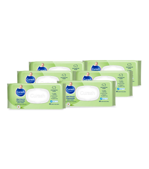 Curash Aloe Vera & Chamomile Baby Wipes. Lightly scented, gently cleanses & protects. Australian Made. Buy now or subscribe & save.