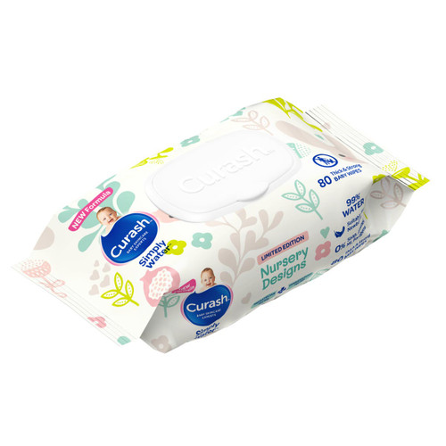 NEW formula Curash Simply Water Baby Wipes are specially formulated with 99% purified water and 0% soap, alcohol, MI or parabens. Now available in cute Limited Edition Nursery Design packs.