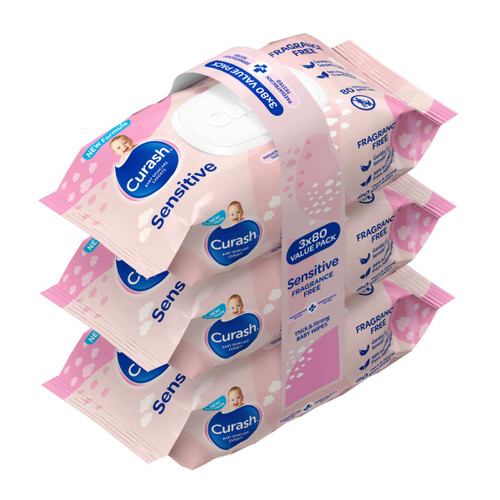 New Formula Curash Sensitive Fragrance Free baby wipes have been specially formulated to be gentle on baby's sensitive skin.
