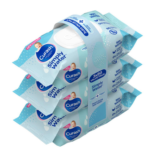 Curash Simply Water Baby Wipes contain 99% purified water and are specially formulated with 0% soap, alcohol, MI or parabens. Convenient 3 pack of 80 wipes.