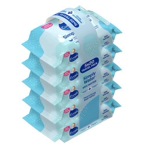 NEW formula Curash Simply Water Baby Wipes contain 99% purified water and are specially formulated with 0% soap, alcohol, MI or parabens. Convenient 5 pack of 20 travel wipes.