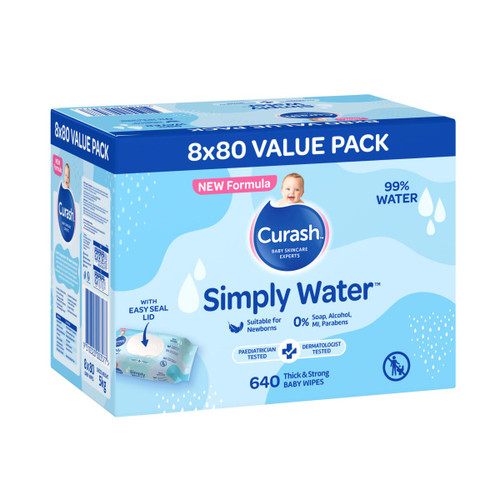 NEW Formula Curash Simply Water Baby Wipes contain 99% purified water and are specially formulated with 0% soap, alcohol, MI or parabens. Bulk 8x80 pack of 640 wipes