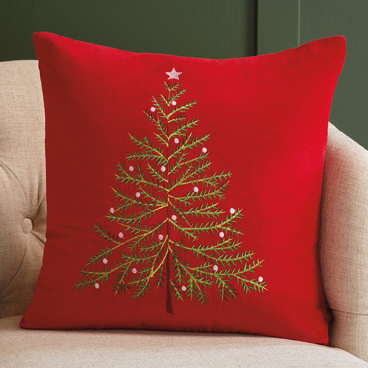 Embroidered Green Holly Christmas Pillow