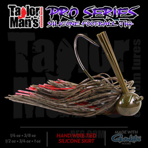 T-Man's Pro Series football jig with hand wire-tied custom silicone skirt, football head, and heavy wire Gamakatsu hook