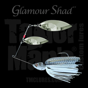 Glamour Shad spinnerbait with double willow leaf blades and hand-tied silicone skirt
