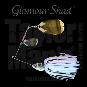 Glamour Shad spinnerbait with double Indiana blades and hand-tied silicone skirt