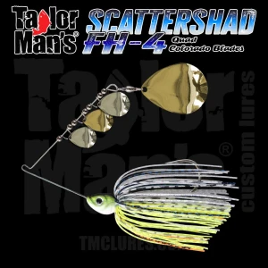 ScatterShad FH-4 spinnerbait with four Colorado blades and hand-tied Chartreuse Shad skirt