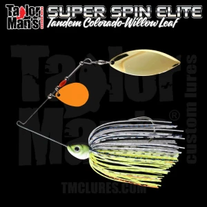 Super Spin Elite spinnerbait with tandem Colorado and shallow cup willow leaf blades and hand-tied Chartreuse Shad skirt