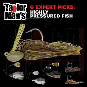 Taylor Man’s six expert lure picks for highly pressured bass, including natural spinnerbaits and bottom-contact jigs for subtle, slower presentations.