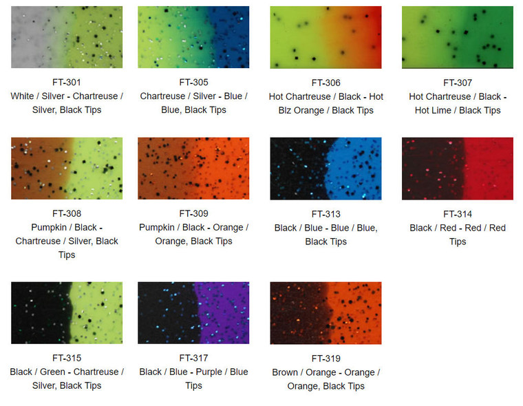 Skirts Plus Bio-Flex Firetip silicone skirt tabs for custom bass lures, available in 10, 25, 50, or 100-count packs