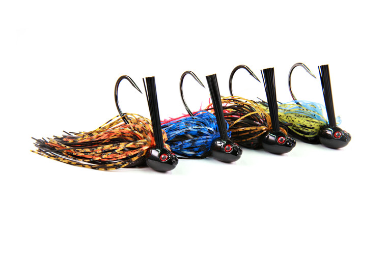 Seeker Head flipping jig with streamlined flipping head, hand-tied silicone skirt, weed guard, and heavy wire hook
