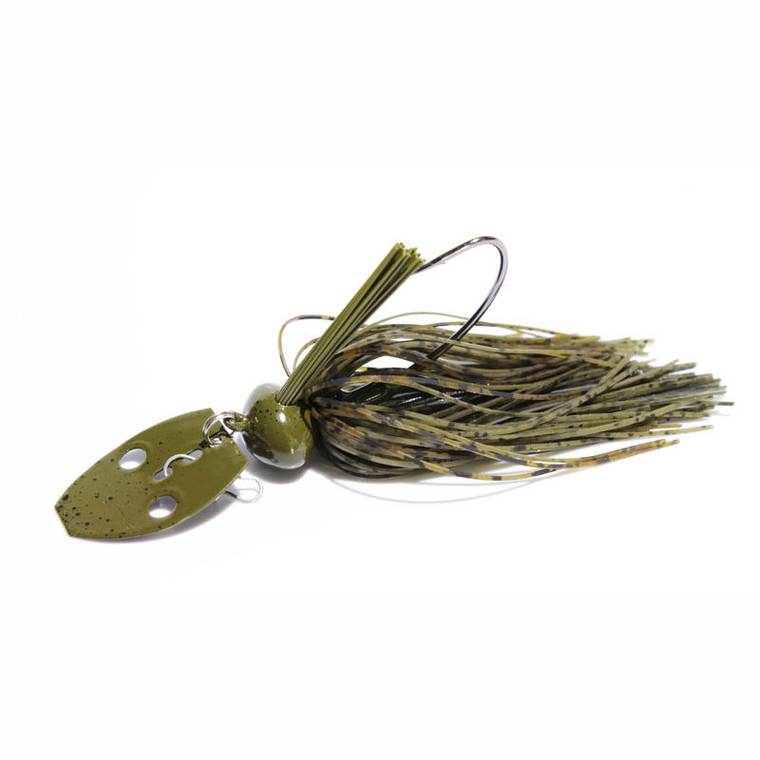 The Reciprocator bladed jig with vibrating blade, hand-tied silicone skirt, weed guard, and double bait keeper
