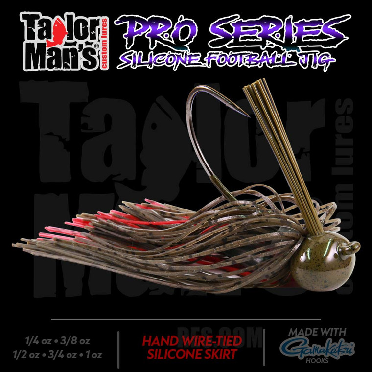 T-Man's Pro Series football jig with hand wire-tied custom silicone skirt, football head, and heavy wire Gamakatsu hook