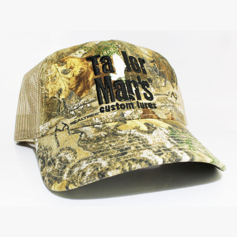 TMC Lures trucker hat in Realtree camouflage pattern with embroidered Taylor Man's logo