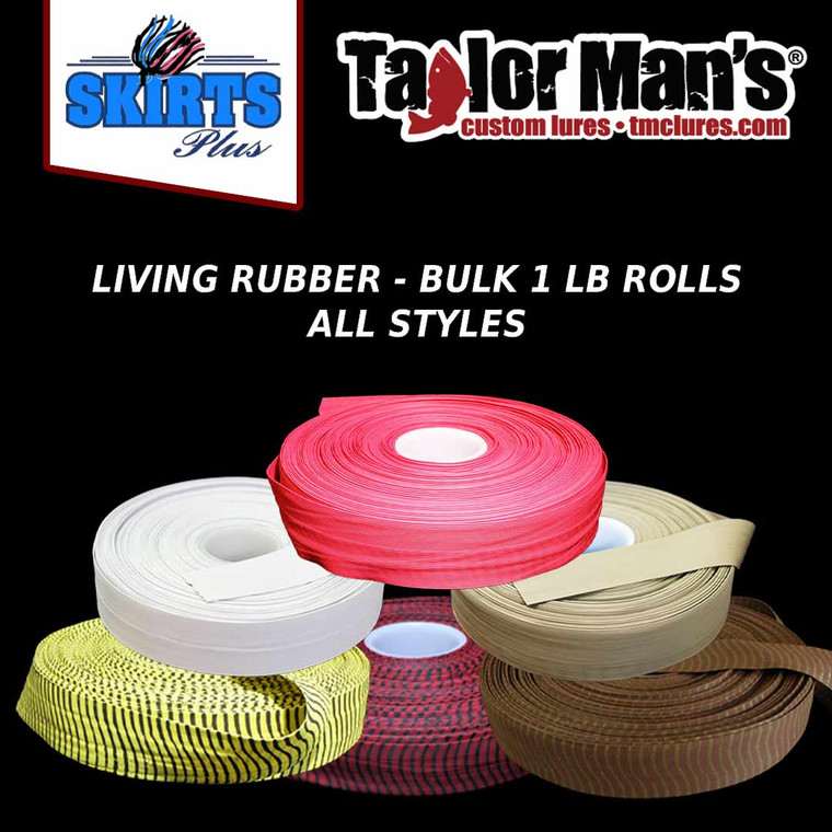 Bulk living rubber skirt material available in regular and Lizard patterns, fine and medium cuts