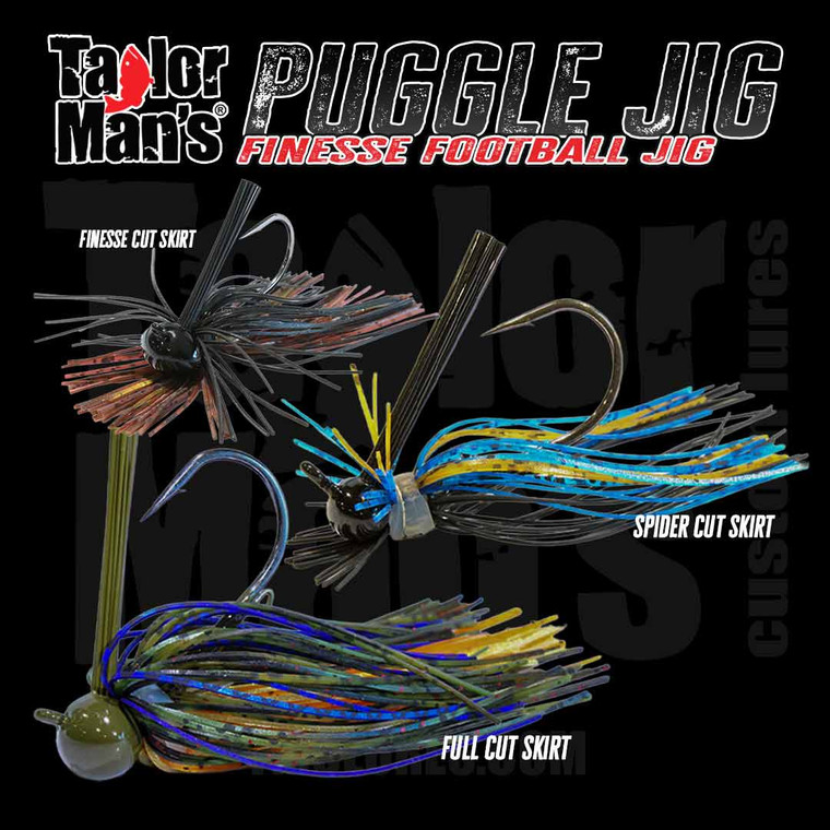 Taylor Man's Puggle finesse football jig showing full cut, finesse cut, and spider cut skirt options