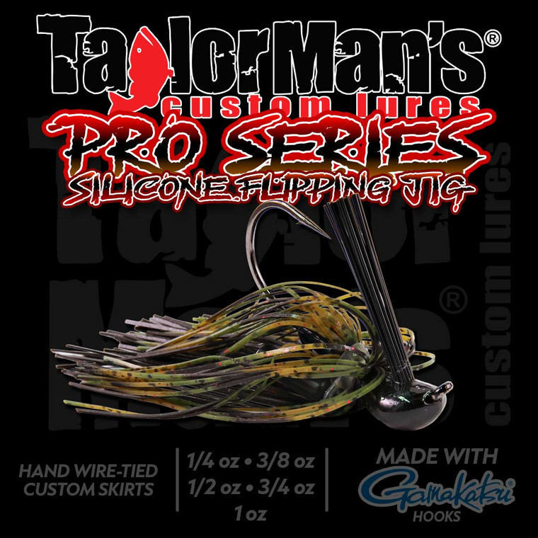 Taylor Man's Pro Series Silicone Flipping Jig with hand wire-tied green pumpkin silicone skirt, black weed guard, and heavy wire Gamakatsu hook for bass fishing.