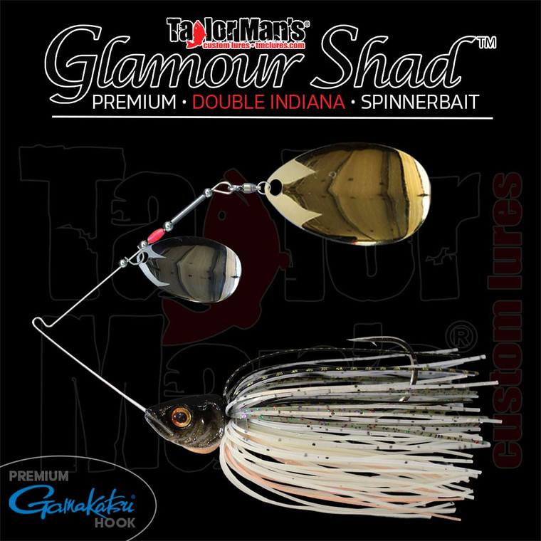 Glamour Shad Double Indiana Spinnerbait with two Indiana blades, custom-painted baitfish head, hand wire-tied skirt, and Gamakatsu hook