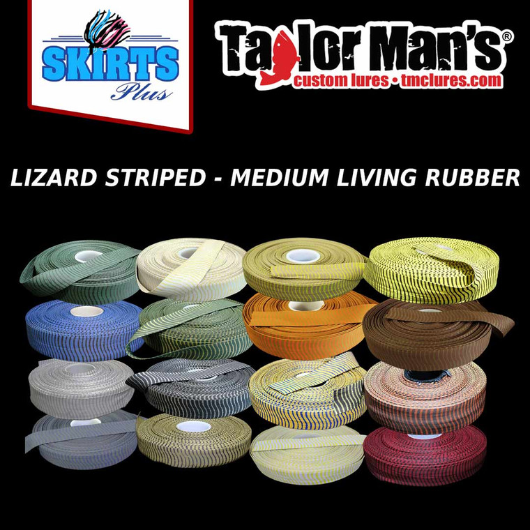 Medium living rubber skirt material in assorted Lizard Striped colors on 10-foot rolls