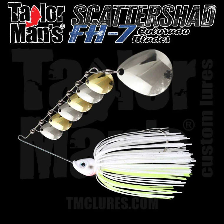 ScatterShad FH-7 spinnerbait with seven Colorado blades and hand-tied White Chartreuse skirt