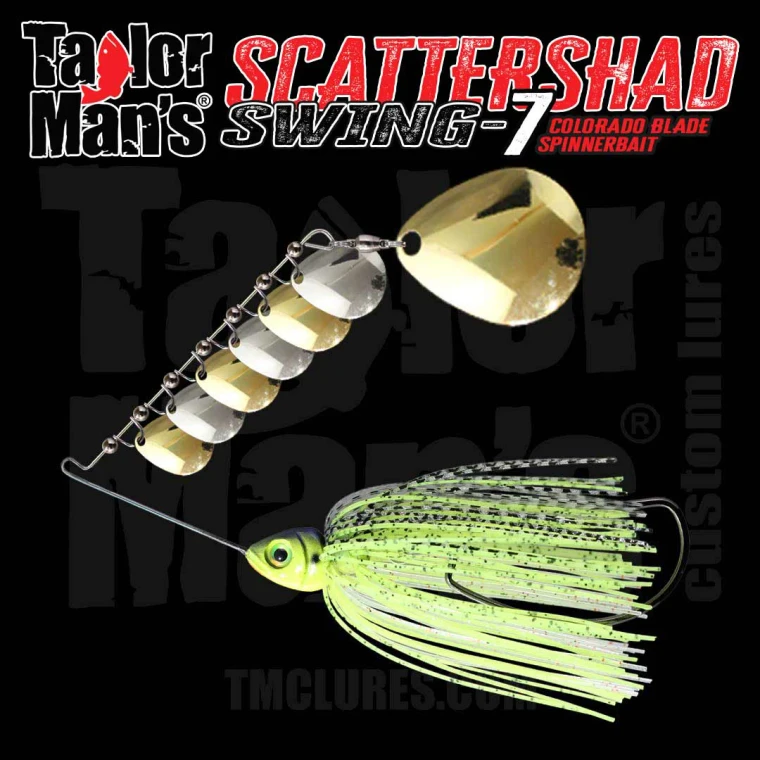 ScatterShad Swing-7 spinnerbait with seven Colorado blades and hand-tied Shad Spawn skirt