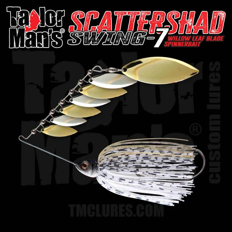 ScatterShad Swing-7 spinnerbait with seven willow leaf blades and hand-tied Batey Shad skirt