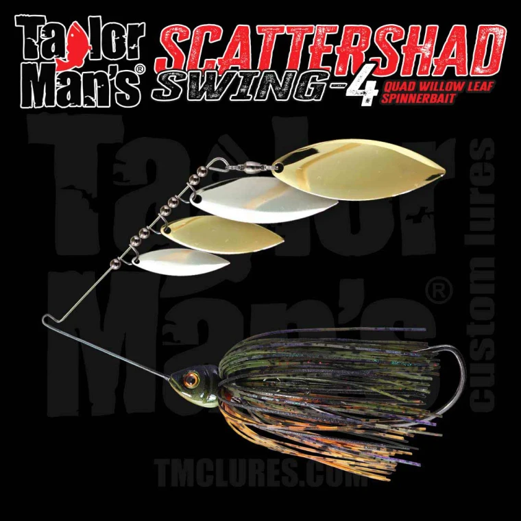 ScatterShad Swing-4 spinnerbait with four willow leaf blades and hand-tied Big Bluegill colored skirt.