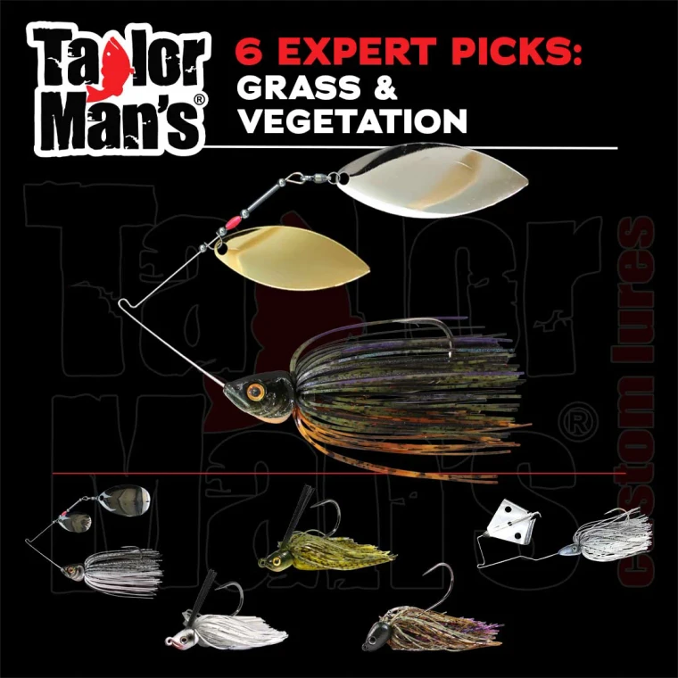 Six expert-selected Taylor Man's bass lures for fishing grass and aquatic vegetation