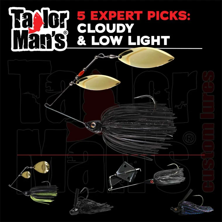 Taylor Man’s five expert lure picks for cloudy and low-light bass fishing, including spinnerbaits, a flipping jig, swim jig and buzzbait.