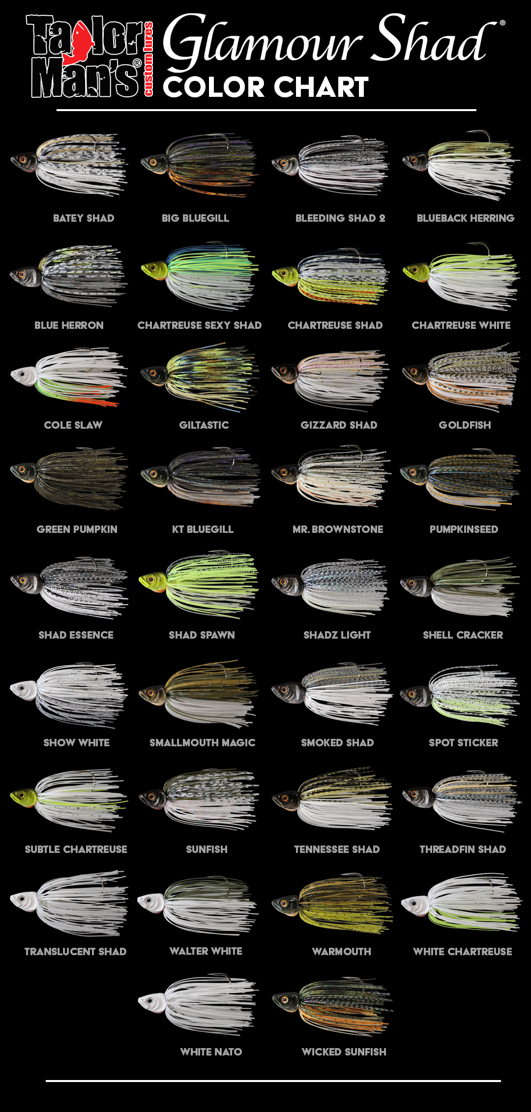 Taylor Man's Double Indiana Glamour Shad Spinnerbait Color Chart