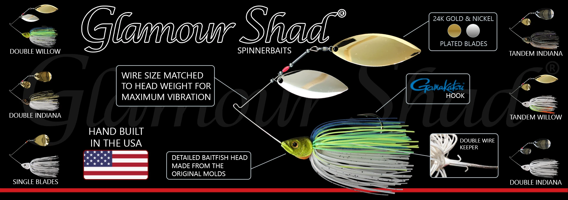 Glamour Shad Spinnerbaits banner with callouts for features and benefits