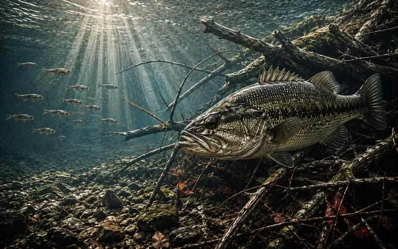 Largemouth bass positioned around submerged wood and cover