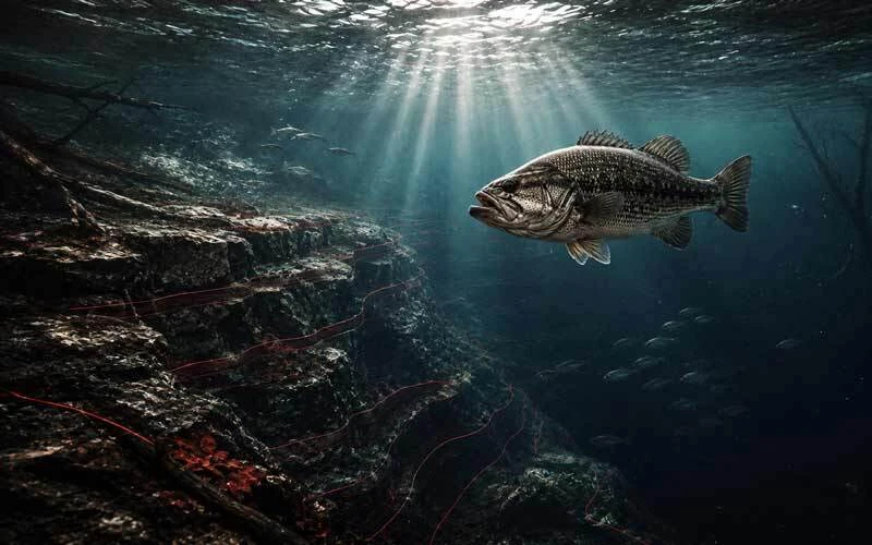 Largemouth bass suspended beside a steep underwater depth change