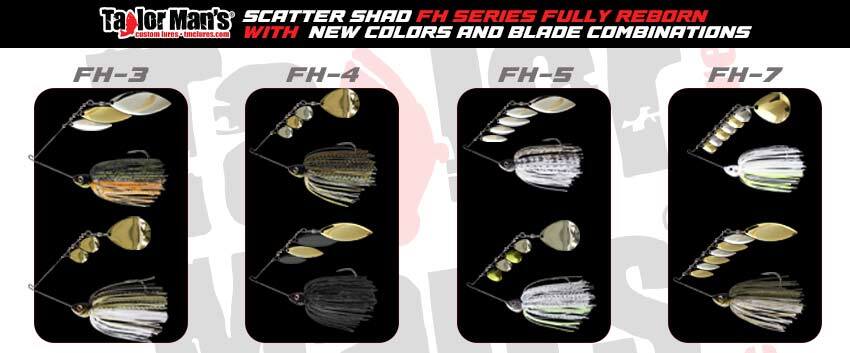 Taylor Man's Scatter Shad FH Series graphic showing versions and  text with note about new colors and blade combinations.